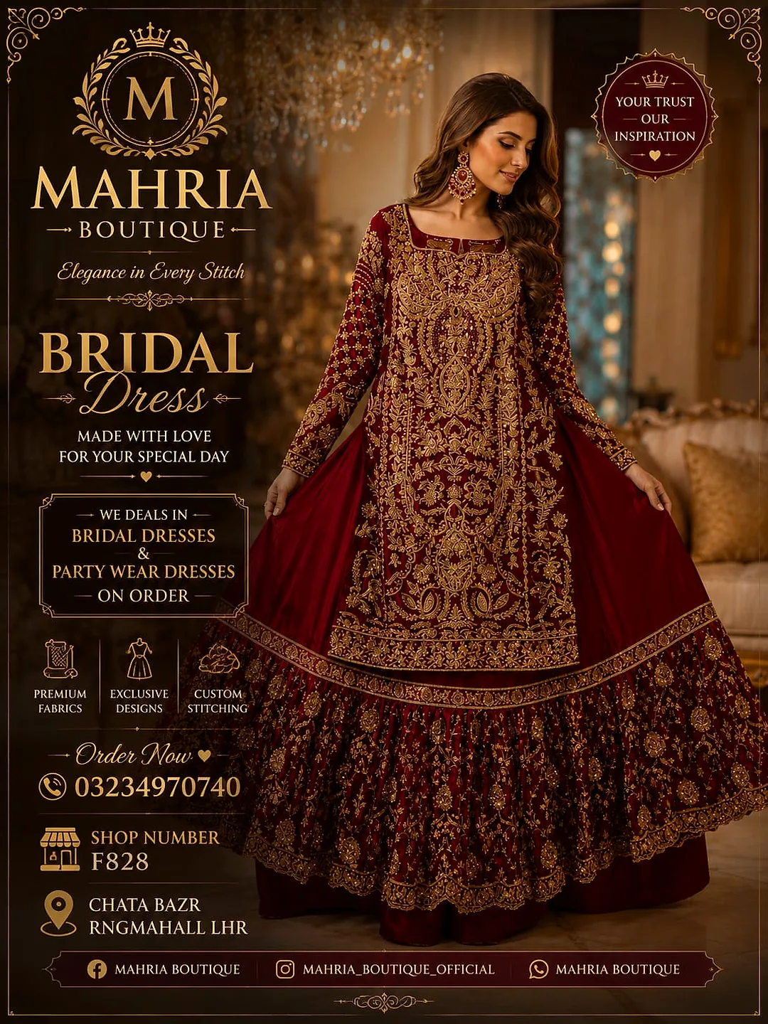 Mahria Boutique maroon bridal dress poster with handmade farshi work and price reference