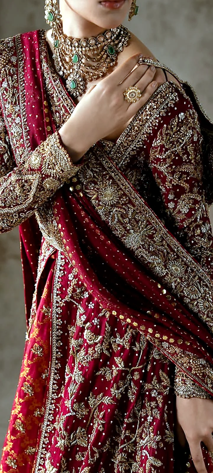 Ruby red bridal dupatta and sleeve embroidery close detail