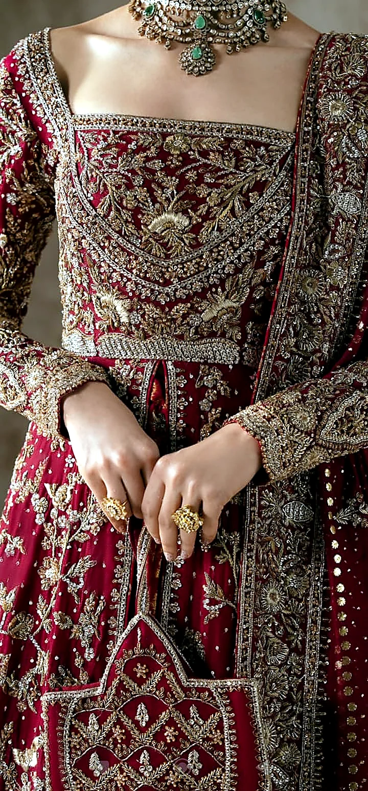 Ruby red bridal neckline and bodice embroidery detail