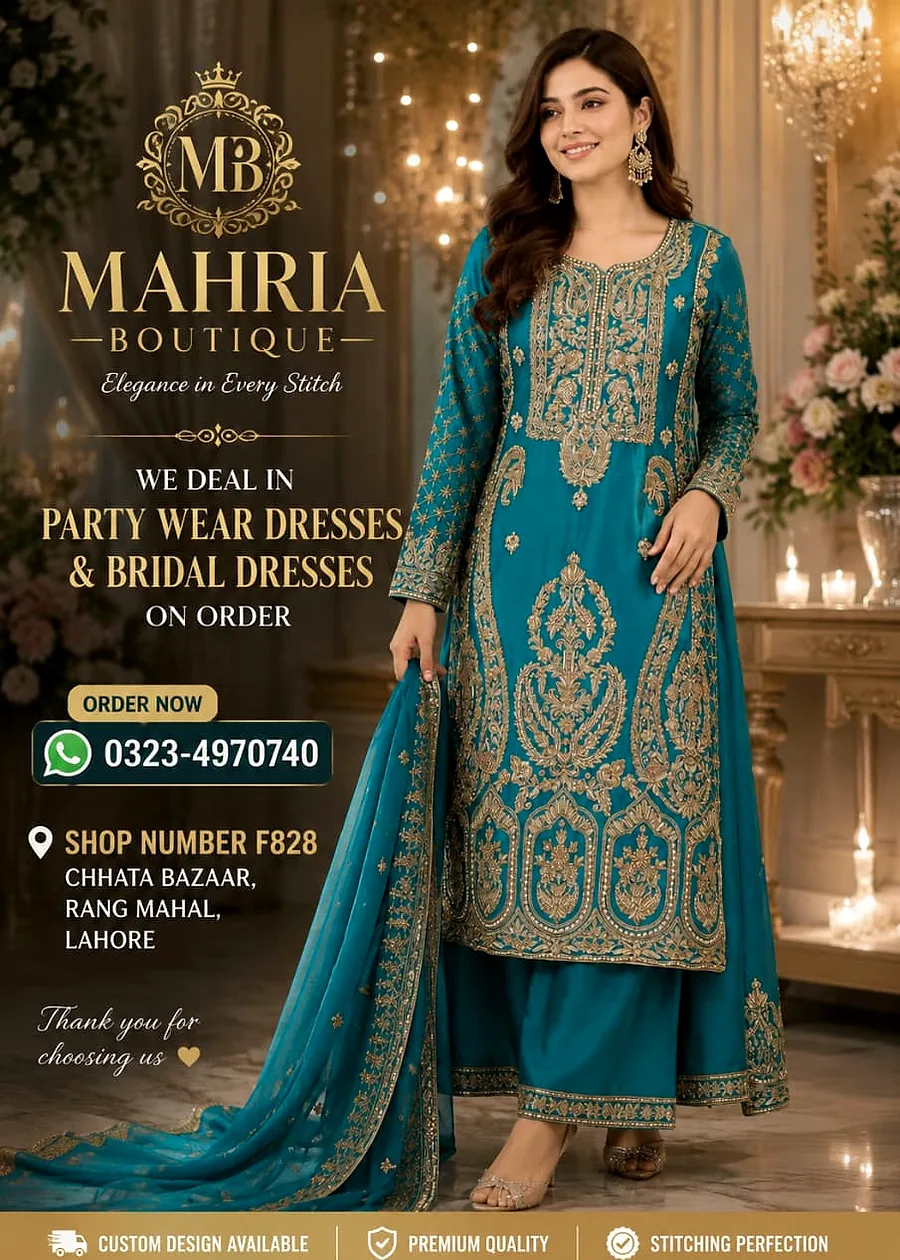 Turquoise handmade tissue dress with dupatta and gold embroidery